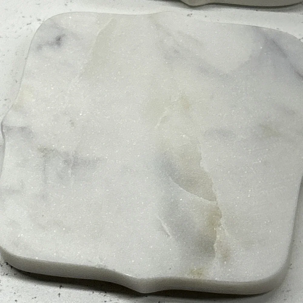 Vintage Set of 4 White Marble Coasters Scalloped Edges Square Drink Holder